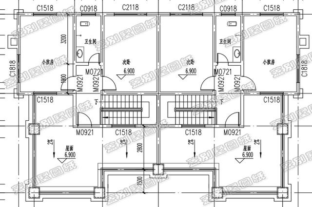 cad效果图制作 18×12米带落地窗实用农村双拼别墅全套CAD施工图效果图